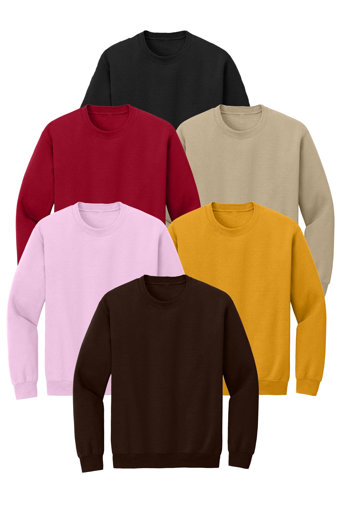 Black, Gold, Light Pink, Sand, Cardinal Red, Dark Chocolate, multicolor heavyweight sweatshirts 6 pack