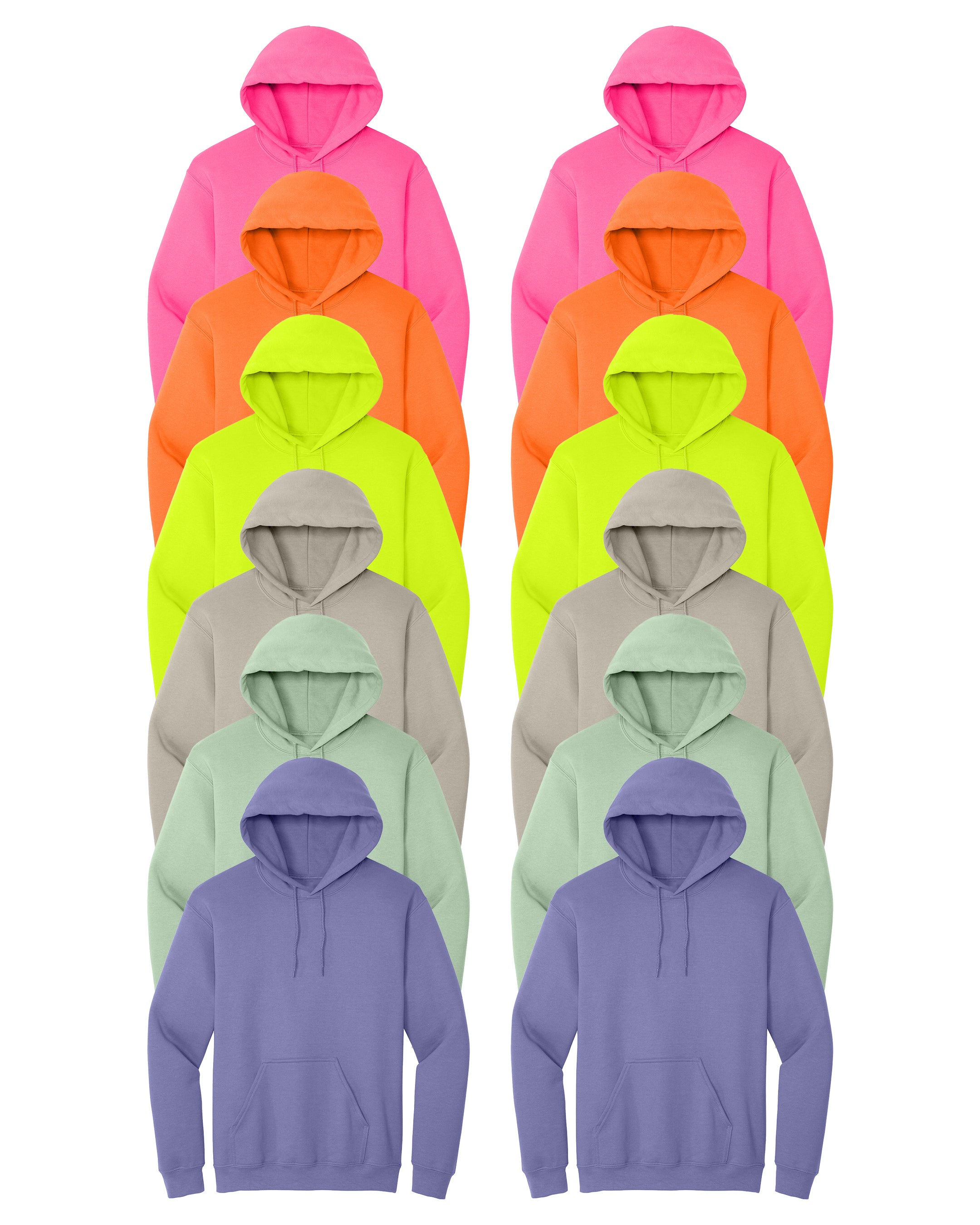 Safety Green, Safety Orange, Safety Pink, Violet, Mint Green, Sand, multicolor hoodies pack of 12