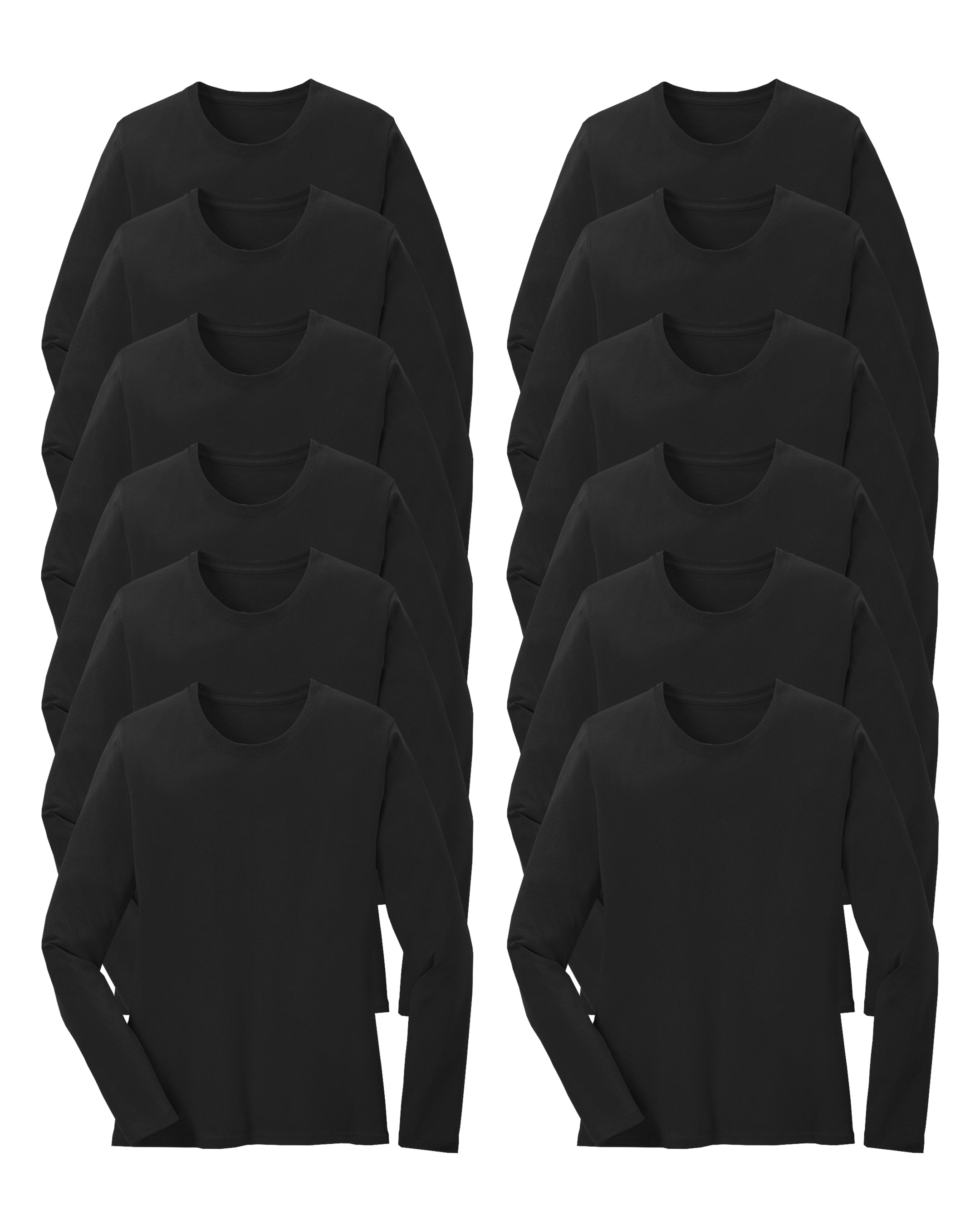 12 black long-sleeve cotton shirts on a white background