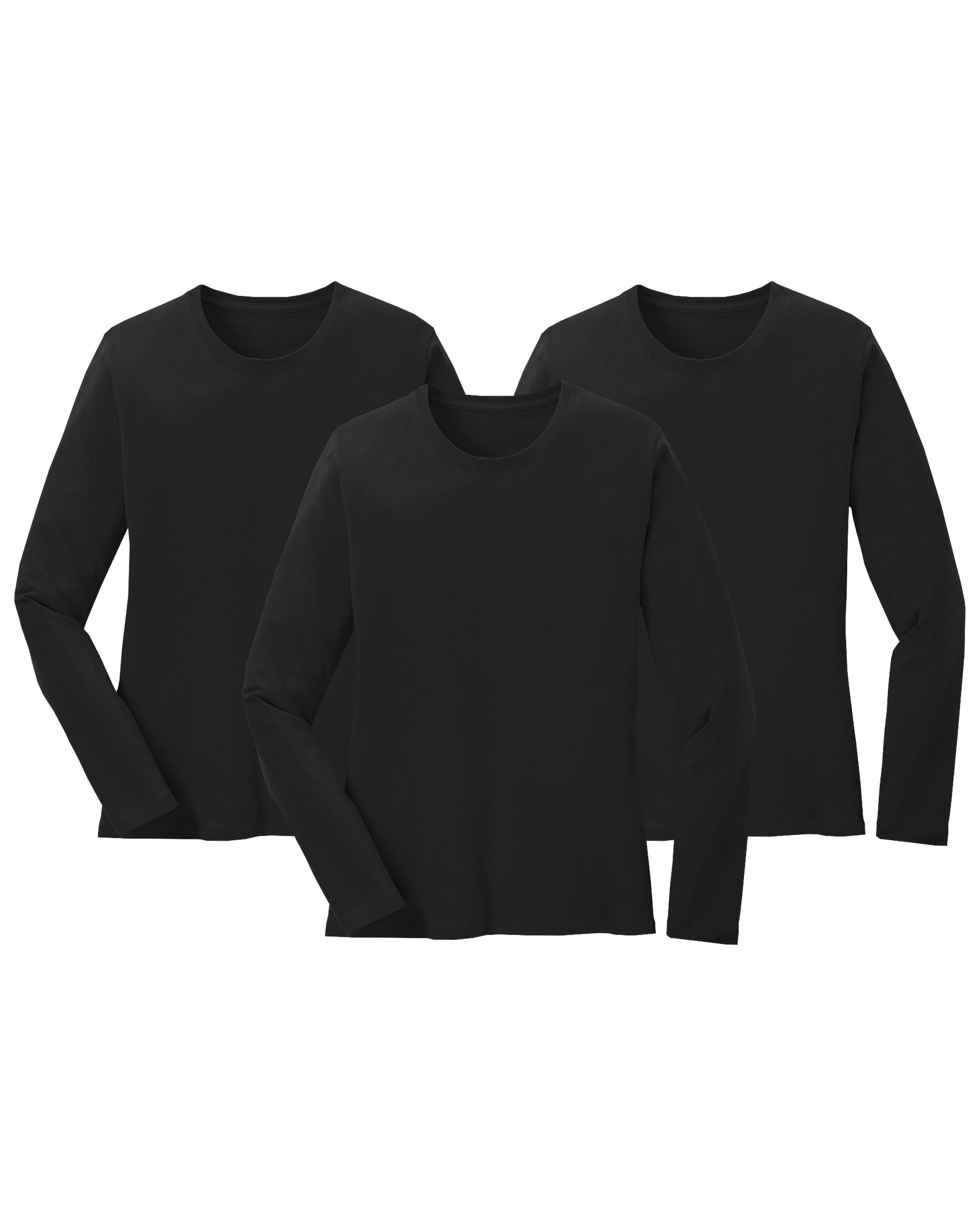 Three black long-sleeve cotton shirts on a white background