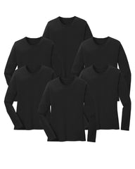 six black long-sleeve cotton shirts on a white background