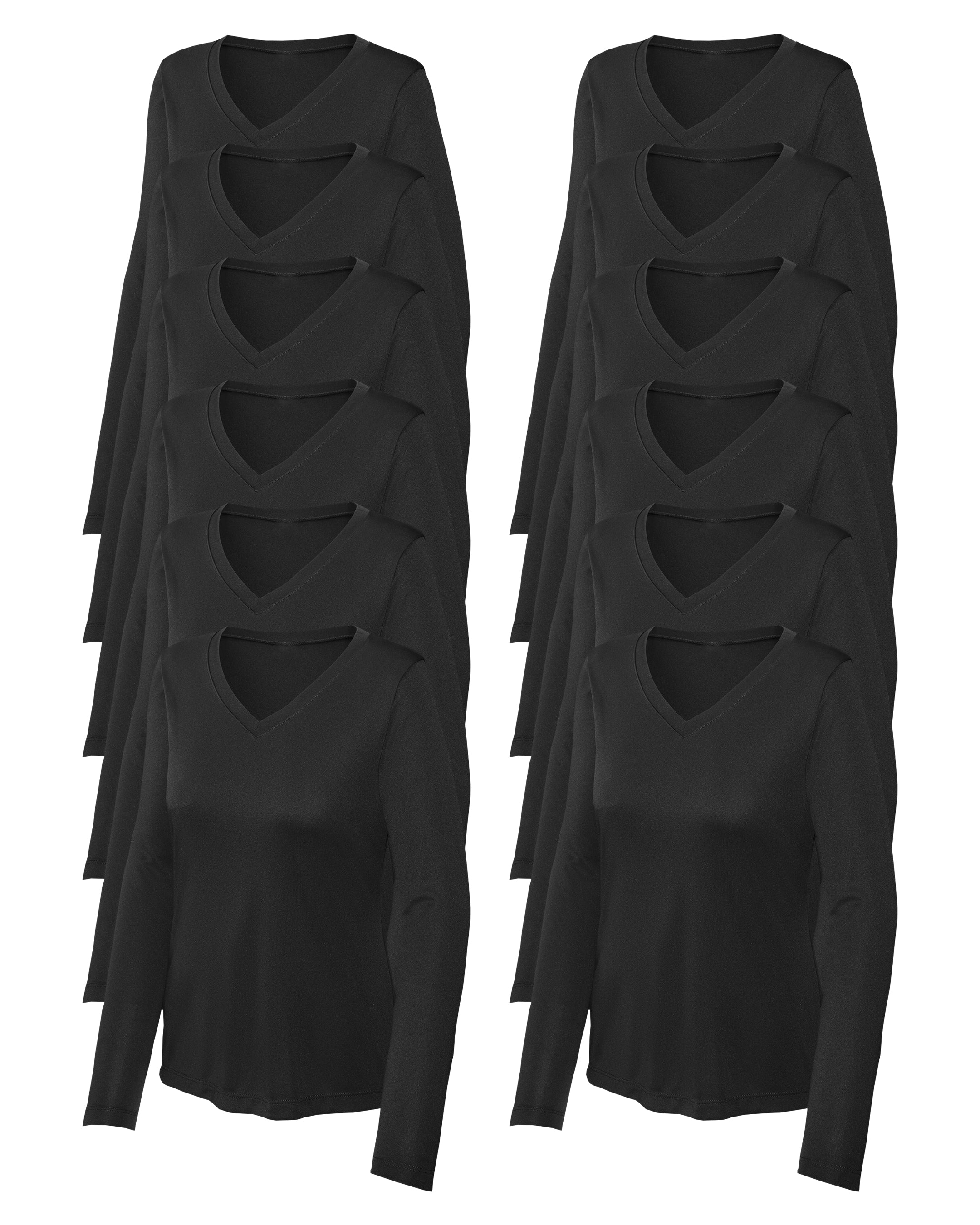 12 black long-sleeve V-neck shirts on a white background