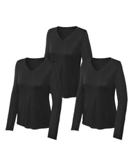 Three black long-sleeve V-neck shirts on a white background