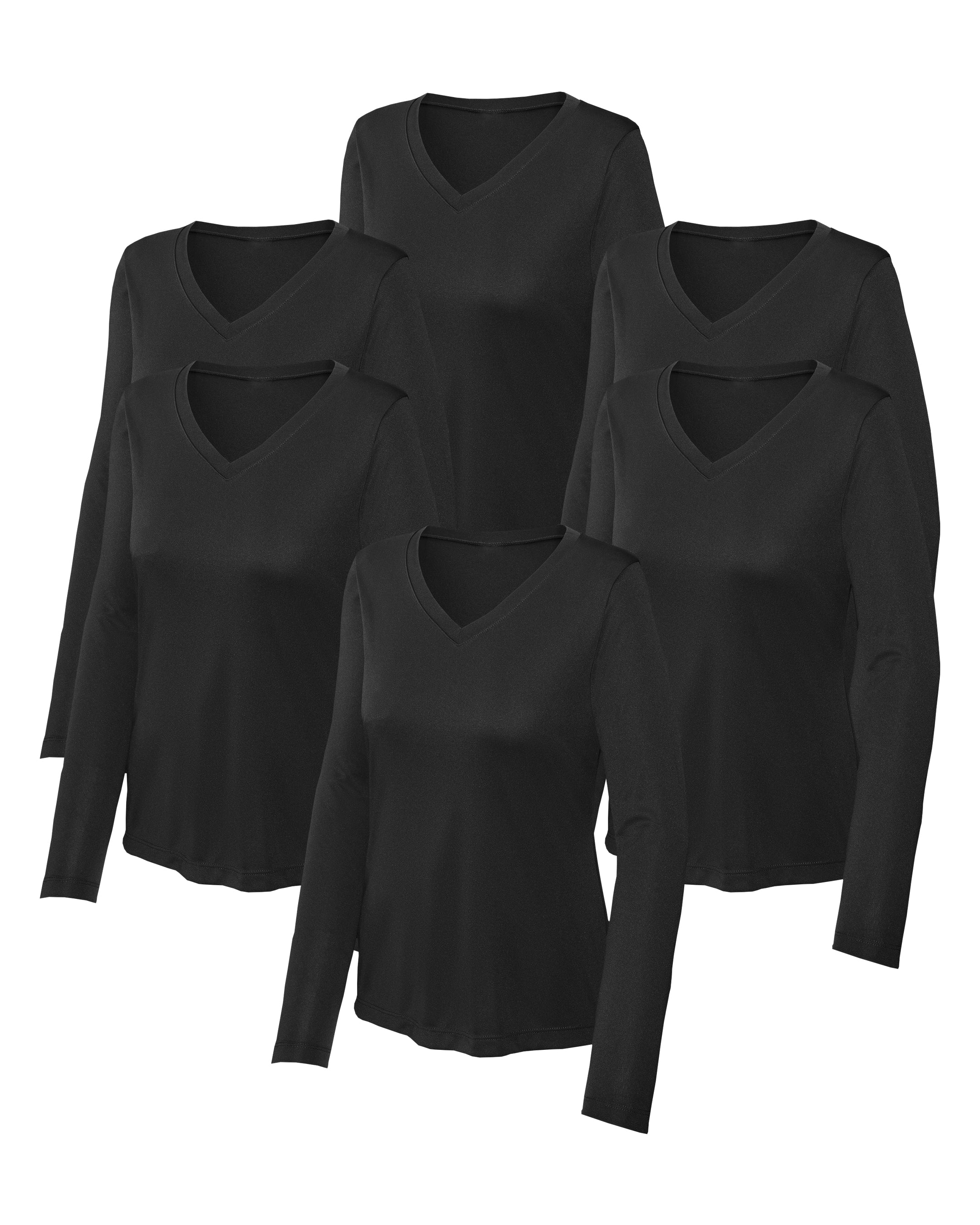 six black long-sleeve V-neck shirts on a white background