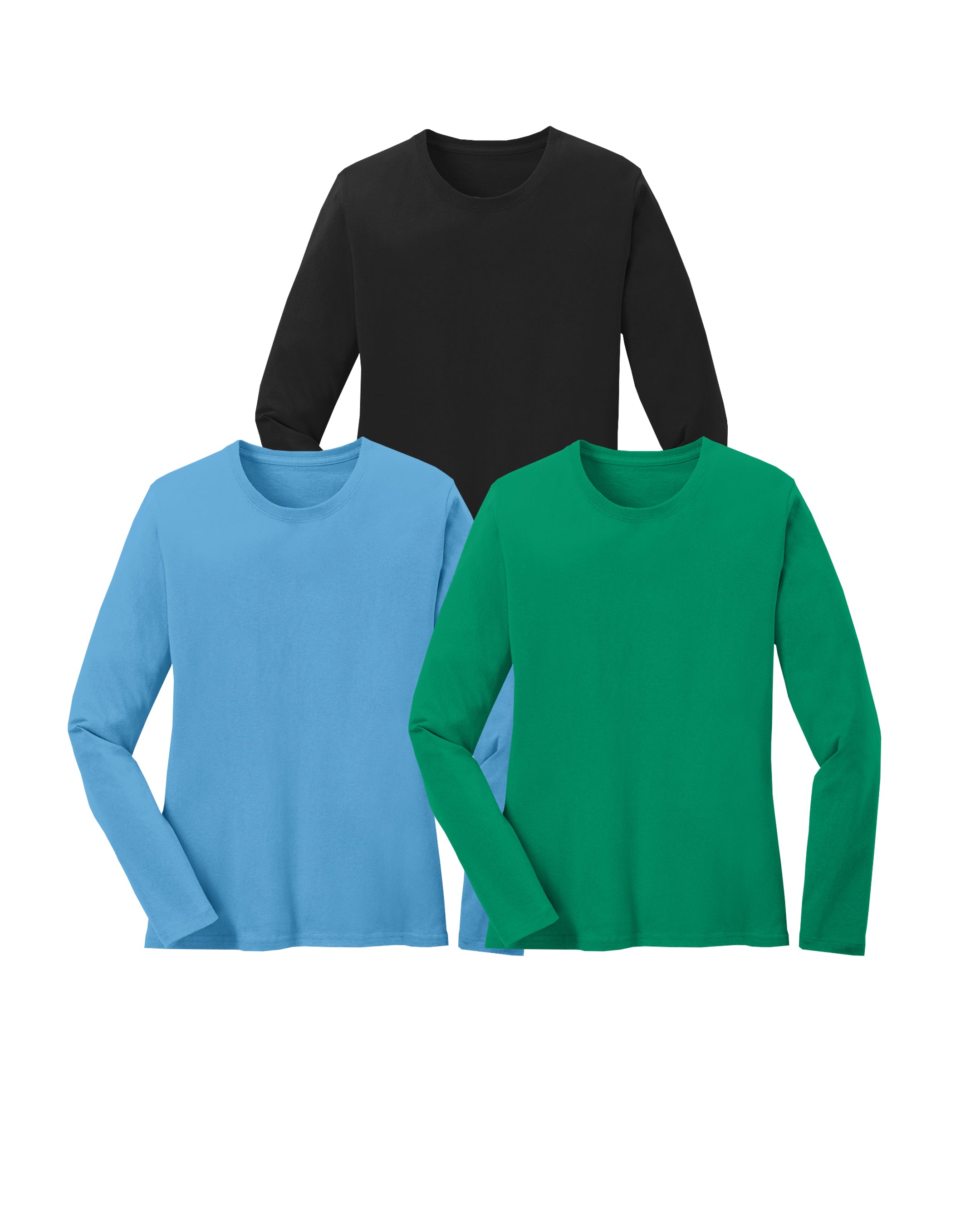 Three long-sleeve shirts in black, blue, and green on a white background