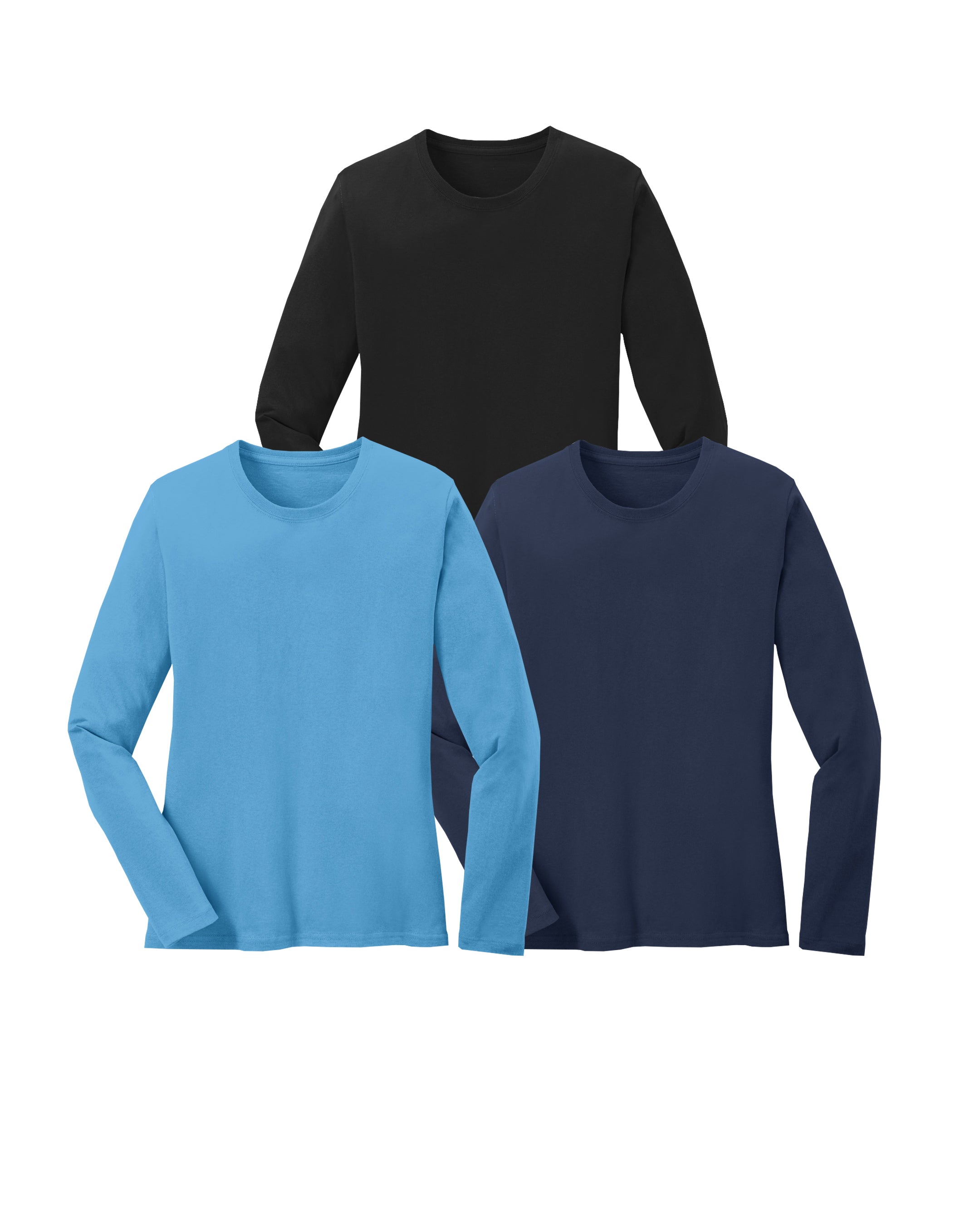 Three long-sleeve cotton shirts in black, blue, and navy blue on a white background
