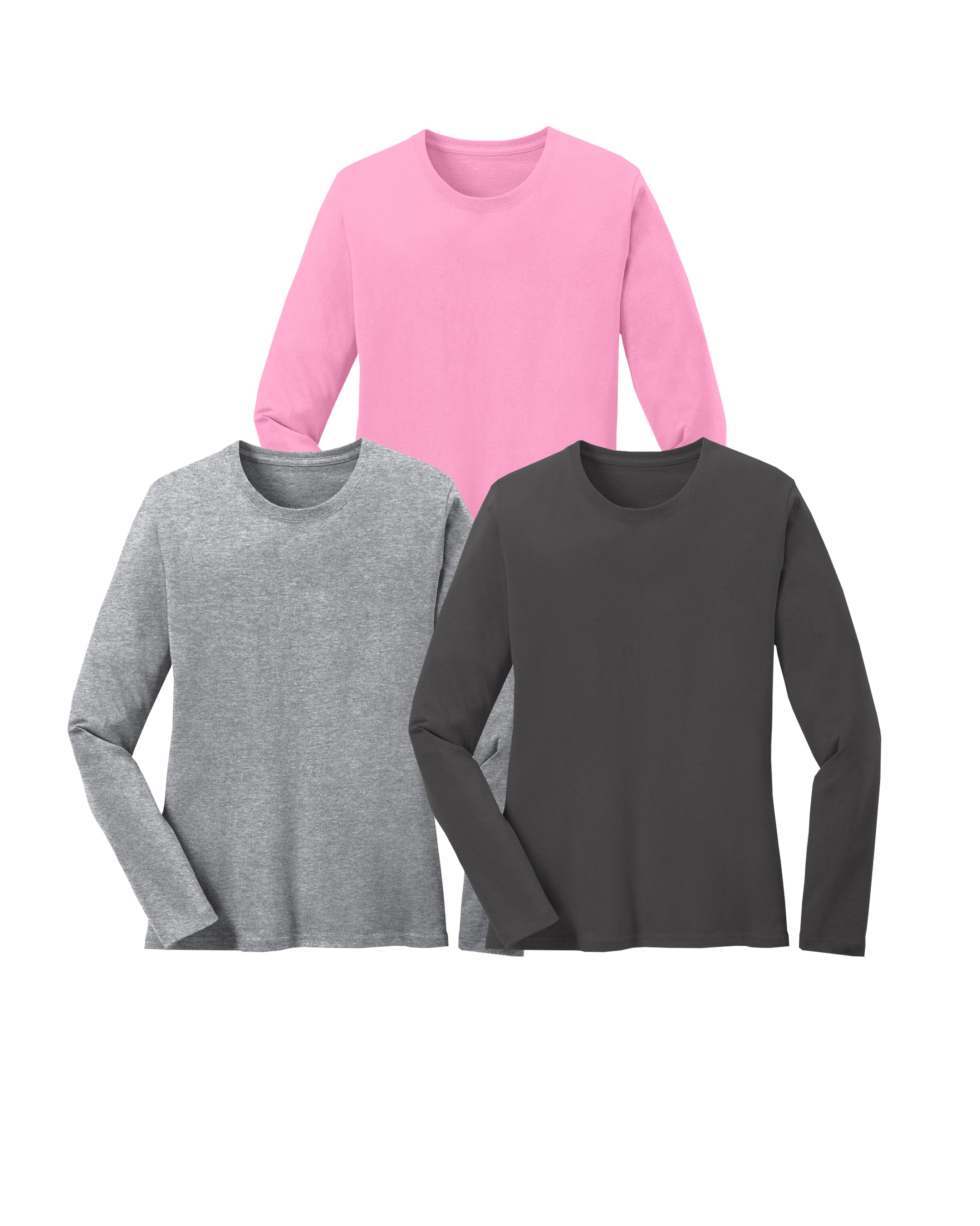 Three long-sleeve shirts in pink, heather grey, and charcoal on a white background