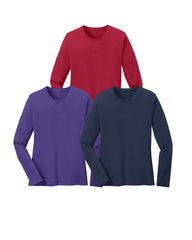 Three long-sleeve shirts in red, purple, and navy blue on a white background