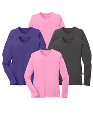 six long-sleeve shirts in pink, purple, and charcoal grey on a white background