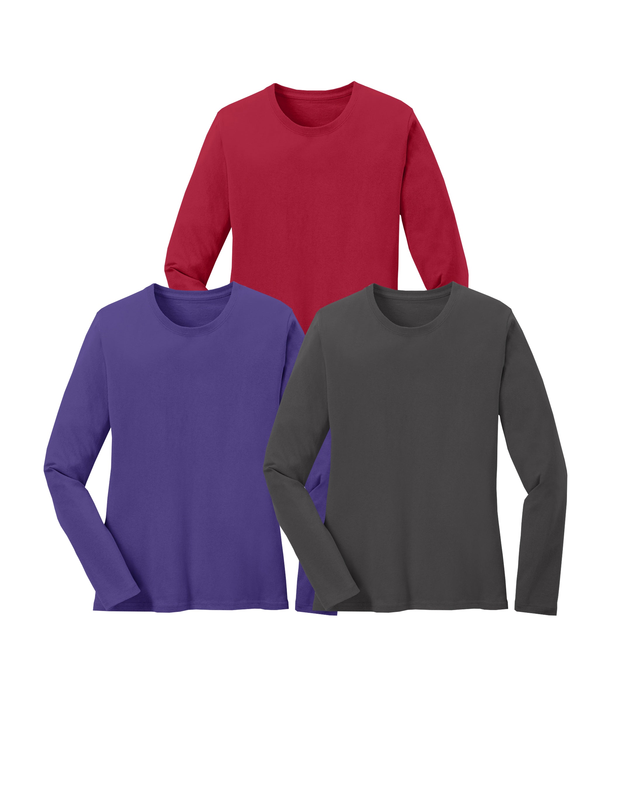 Three long-sleeve shirts in red, purple, and charcoal gray on a white background