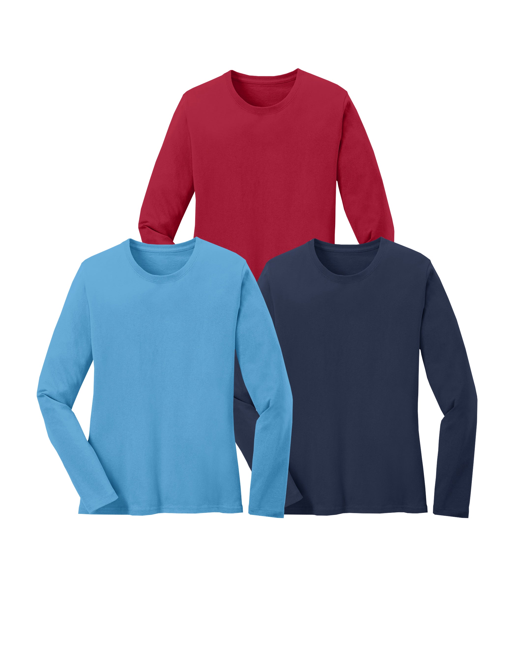 Three long-sleeve shirts in red, light blue, and navy on a white background