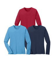 Three long-sleeve shirts in red, light blue, and navy on a white background
