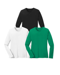 Three long-sleeve shirts in black, white, and Kelly green on a white background