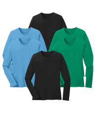 six long-sleeve shirts in black, blue, and green on a white background