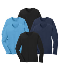 six long-sleeve cotton shirts in black, blue, and navy blue on a white background