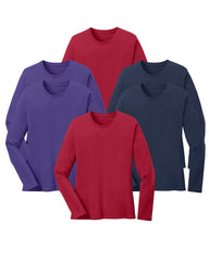 six long-sleeve shirts in red, purple, and navy blue on a white background