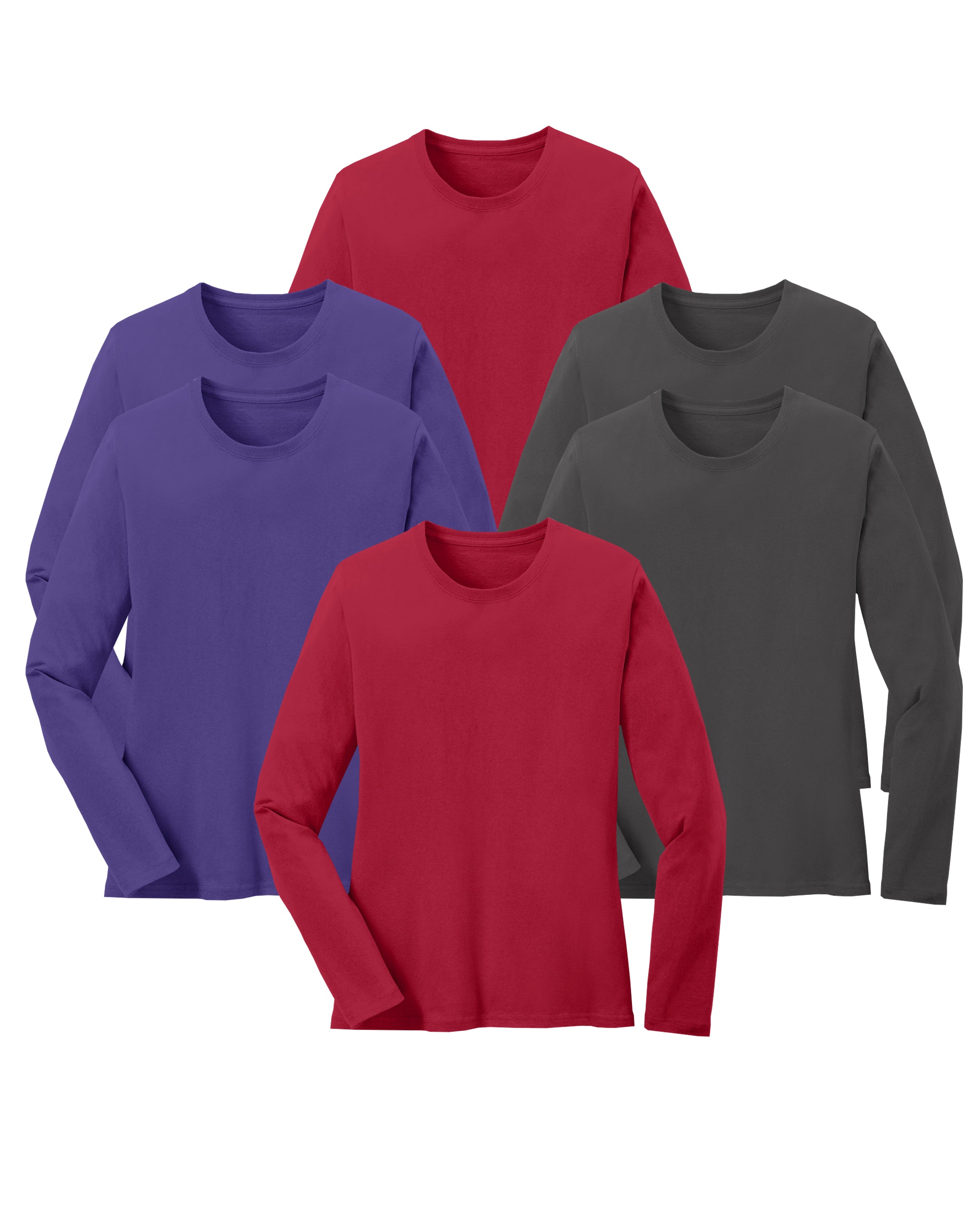 six long-sleeve shirts in red, purple, and charcoal gray on a white background