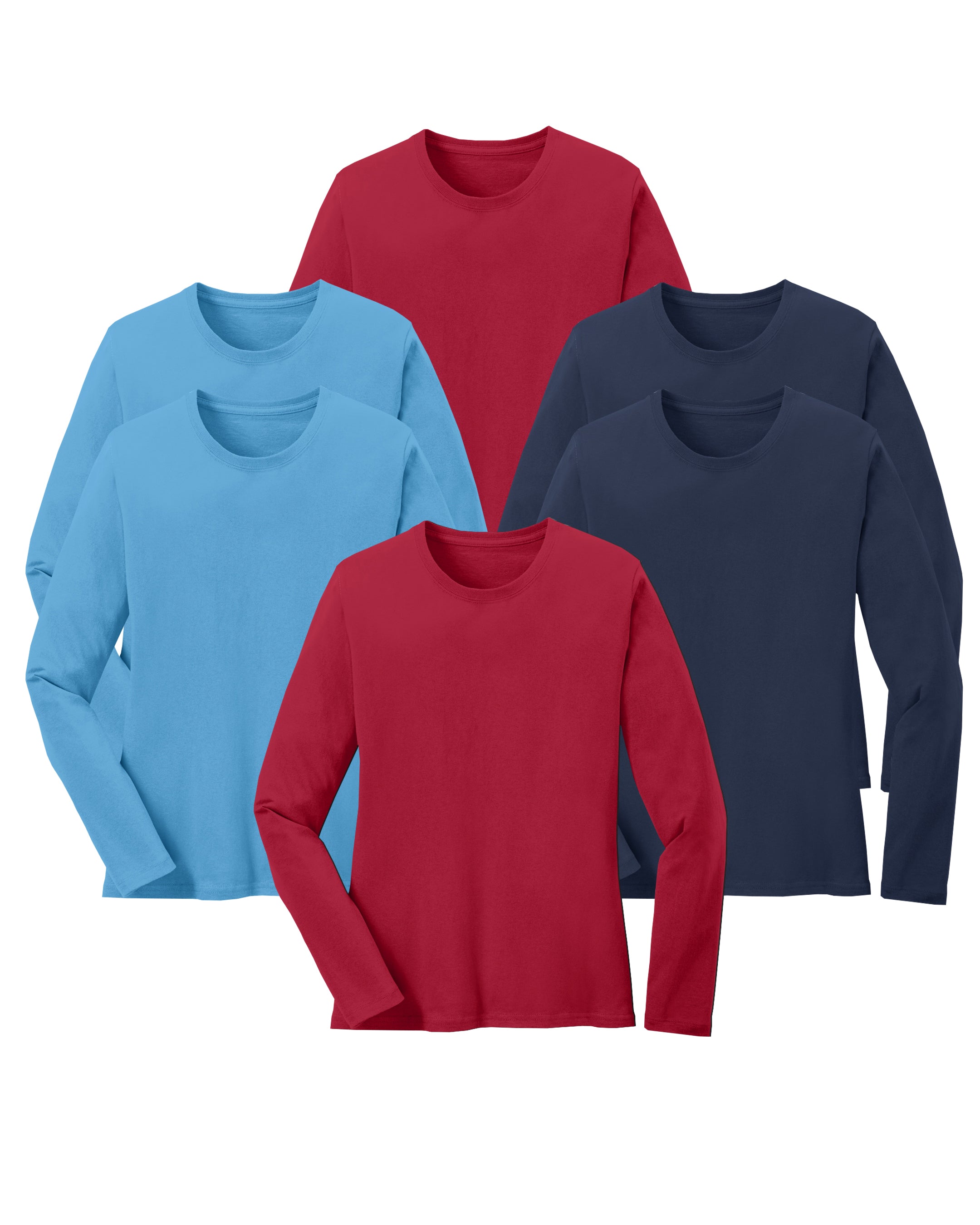 six long-sleeve shirts in red, light blue, and navy on a white background