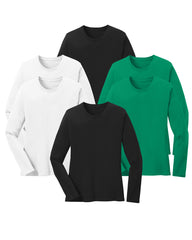 six long-sleeve shirts in black, white, and Kelly green on a white background
