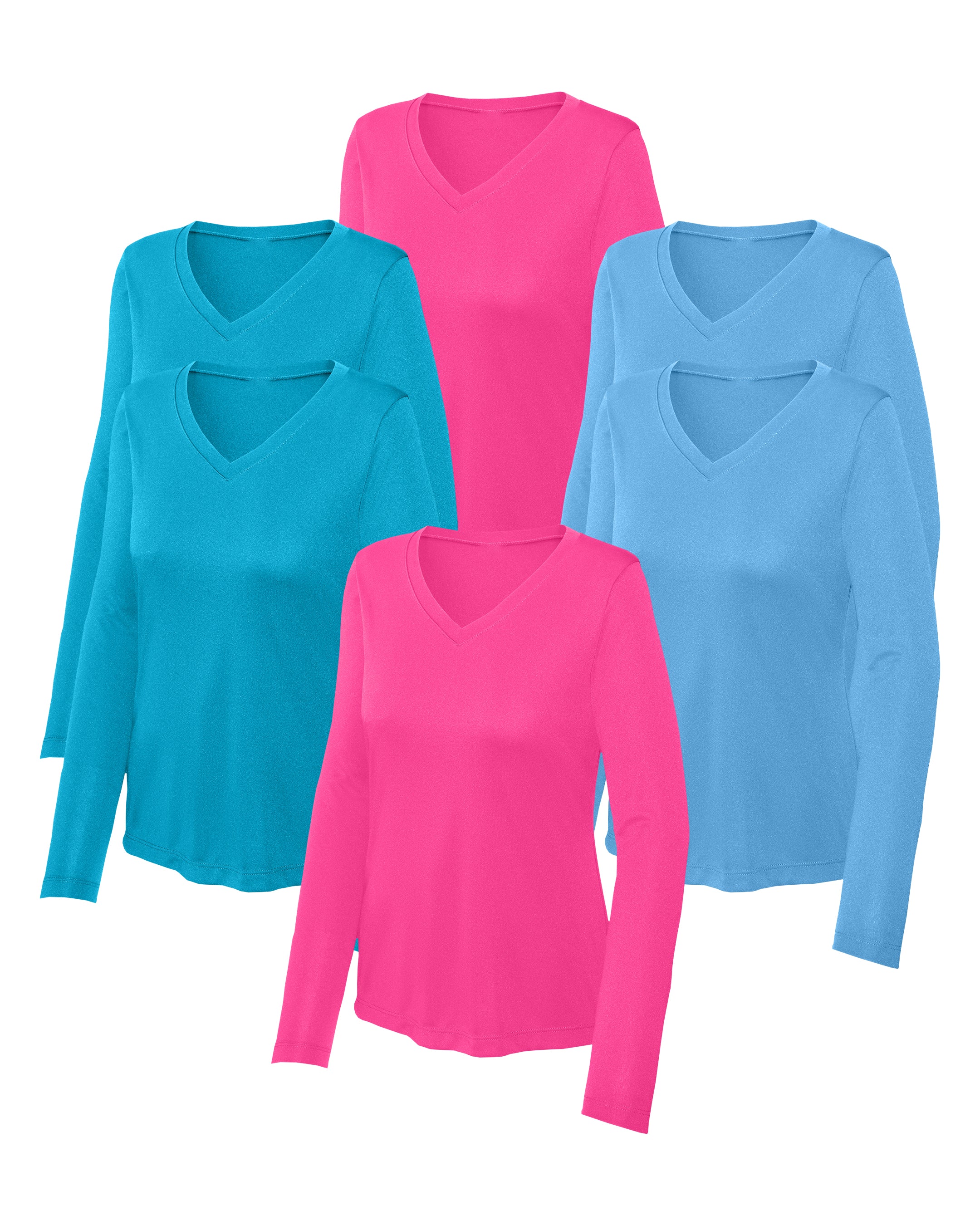 six long-sleeve shirts in Carolina Blue, Atomic Blue, Neon Pink on a white background