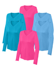 six long-sleeve shirts in Carolina Blue, Atomic Blue, Neon Pink on a white background