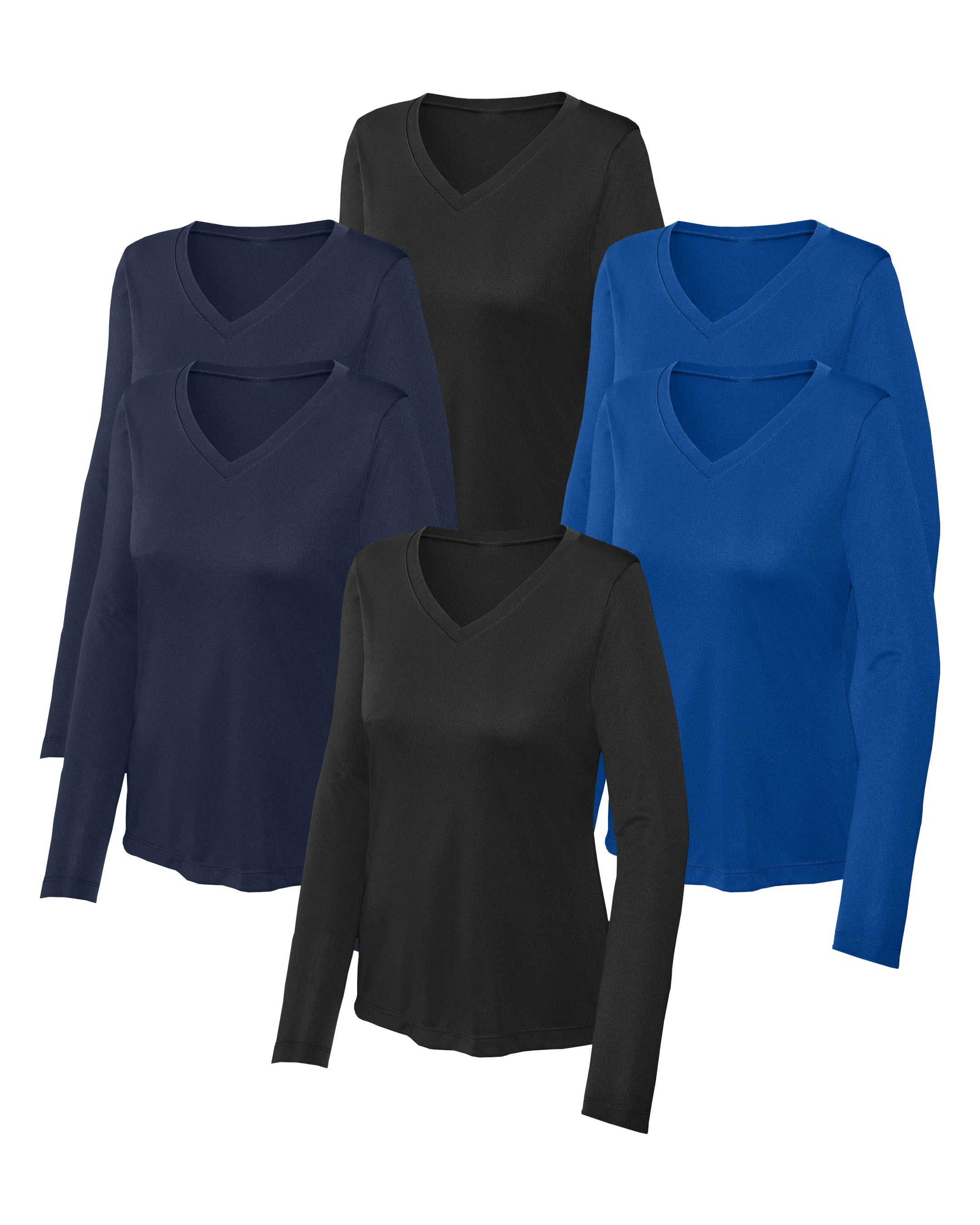 six long-sleeve shirts in black,royal blue, and navy blue on a white background