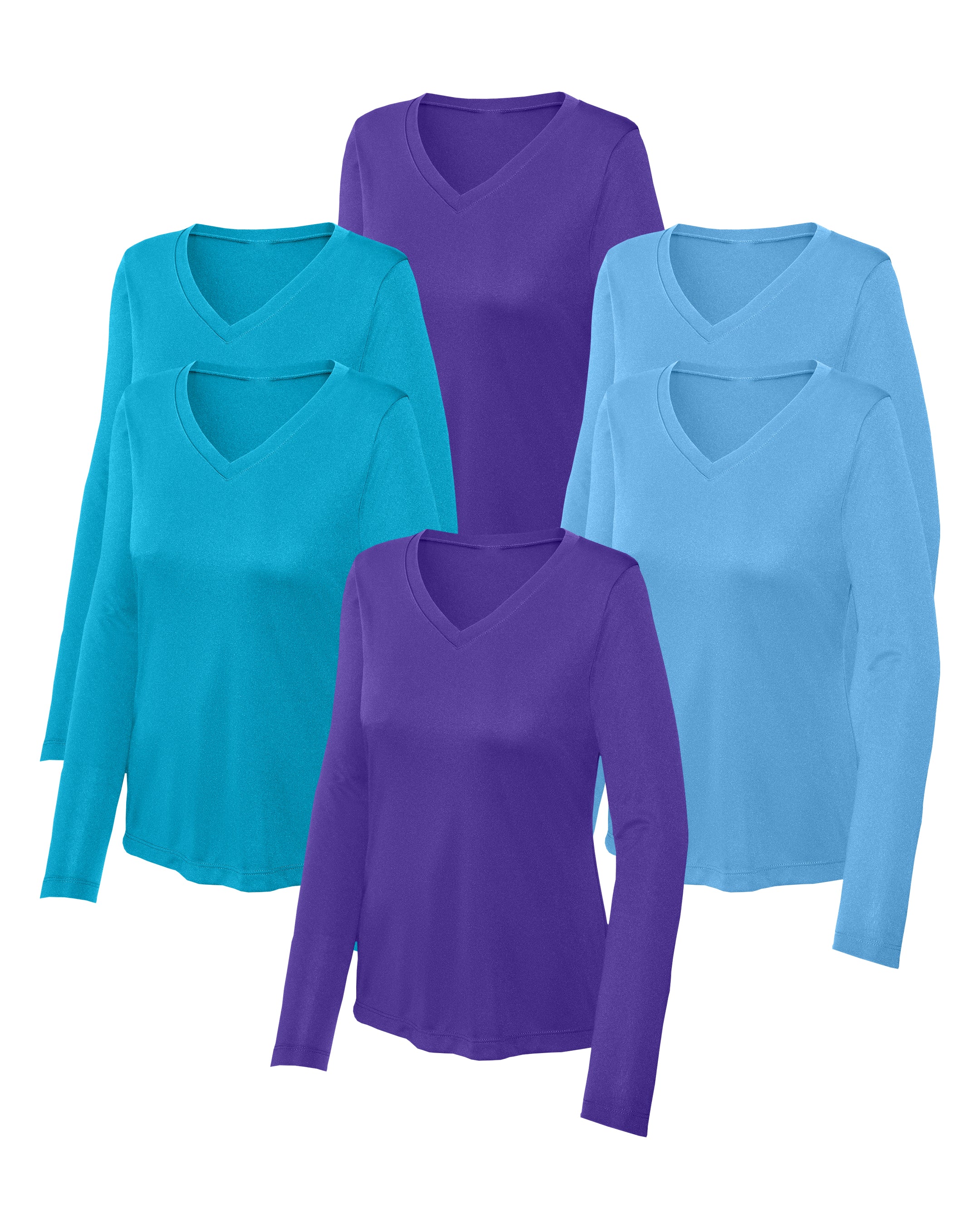 six long-sleeve shirts in Carolina Blue, Atomic Blue, Purple on a white background