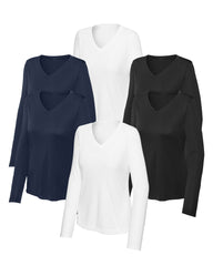 six long-sleeve shirts in navy blue, white, and black on a white background