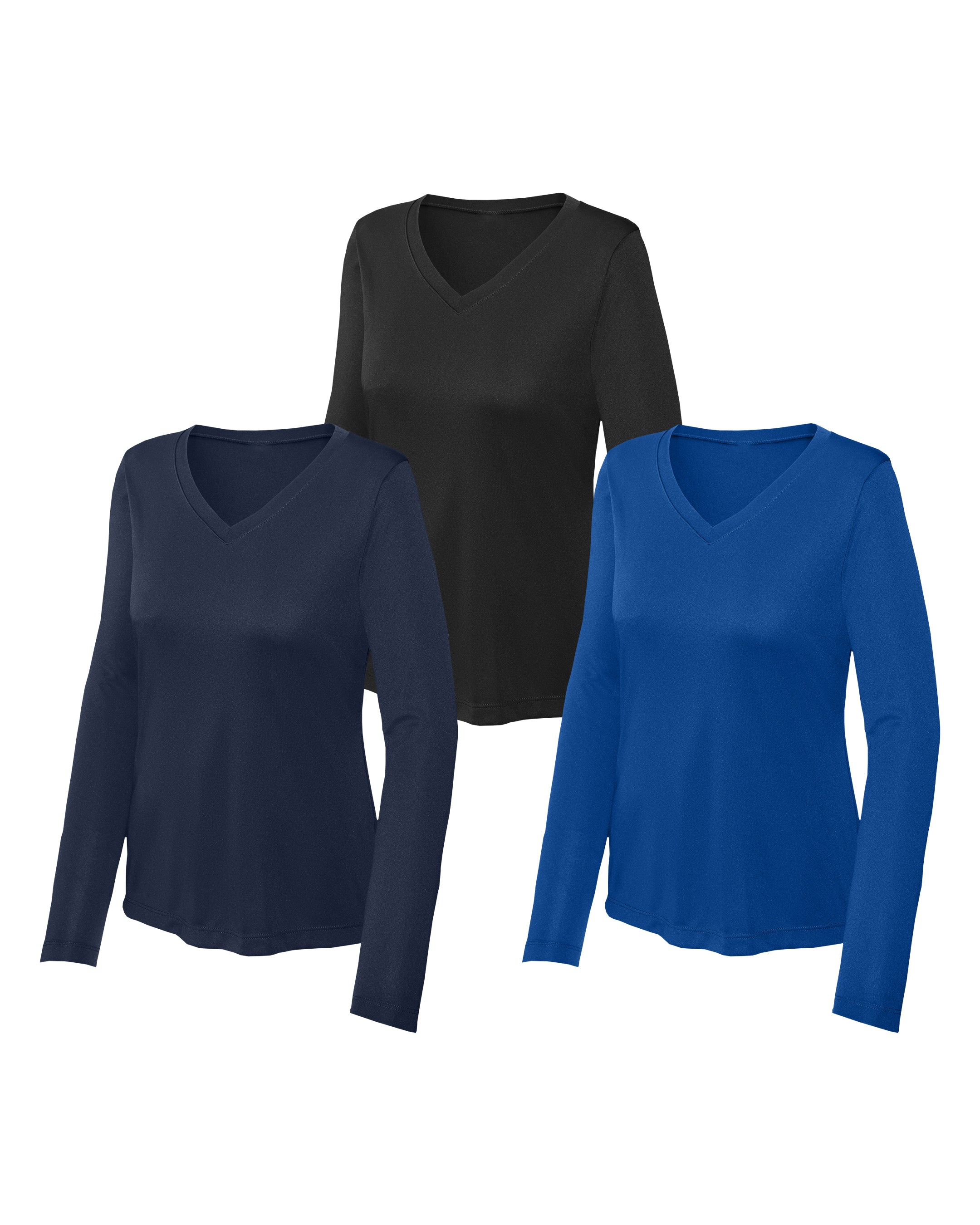 Three long-sleeve shirts in black,royal blue, and navy blue on a white background