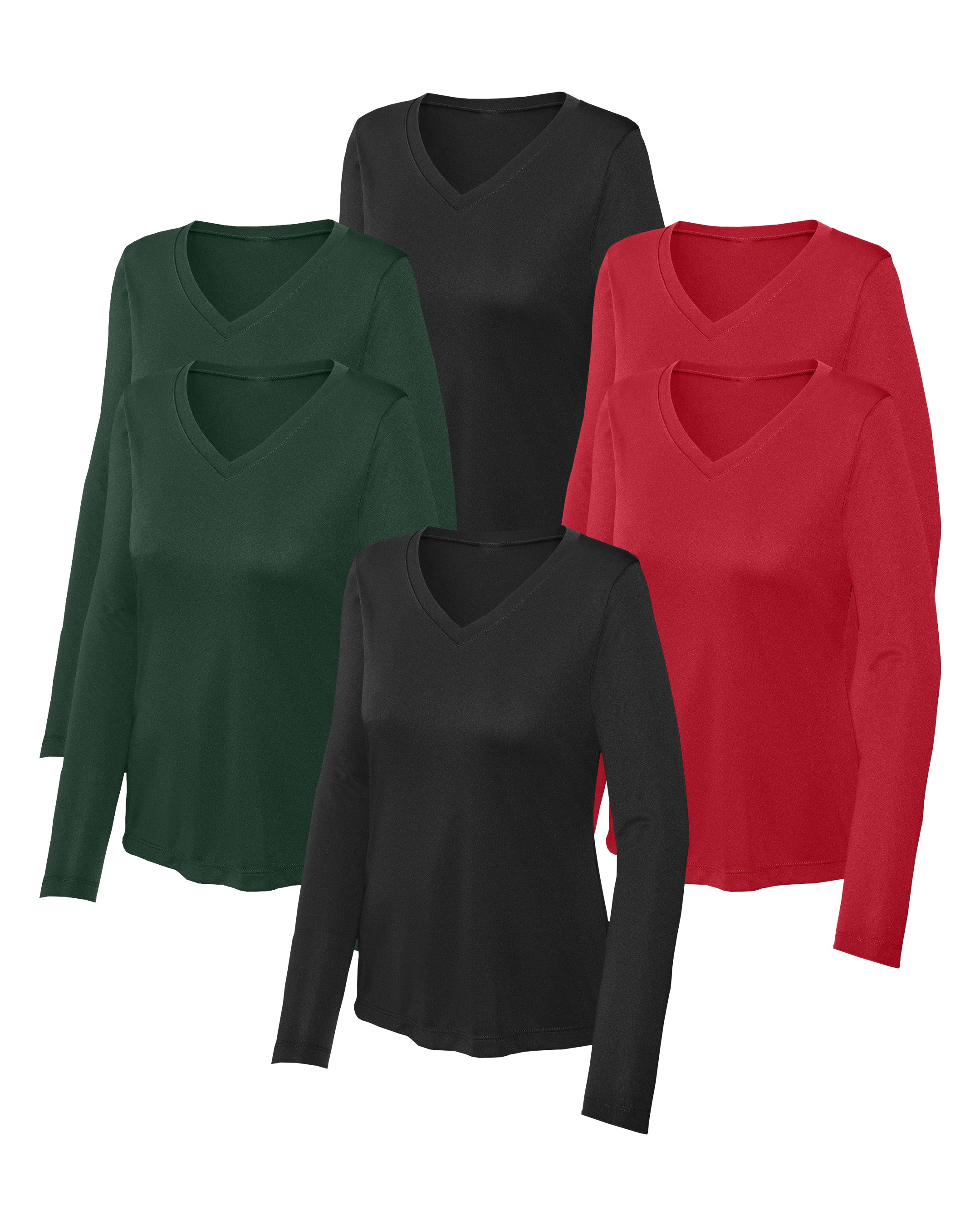 six long-sleeve V-neck shirts in Black ,True Red, Forest Green on a white background