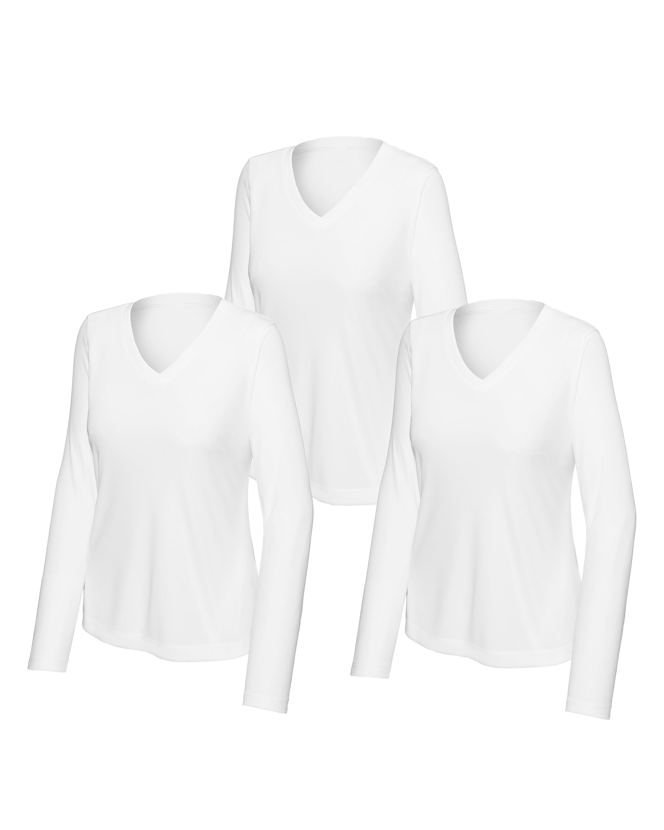 three white long-sleeve v-neck shirts on a white background