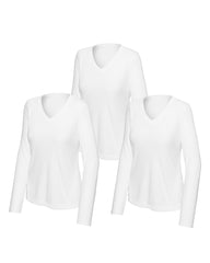 three white long-sleeve v-neck shirts on a white background