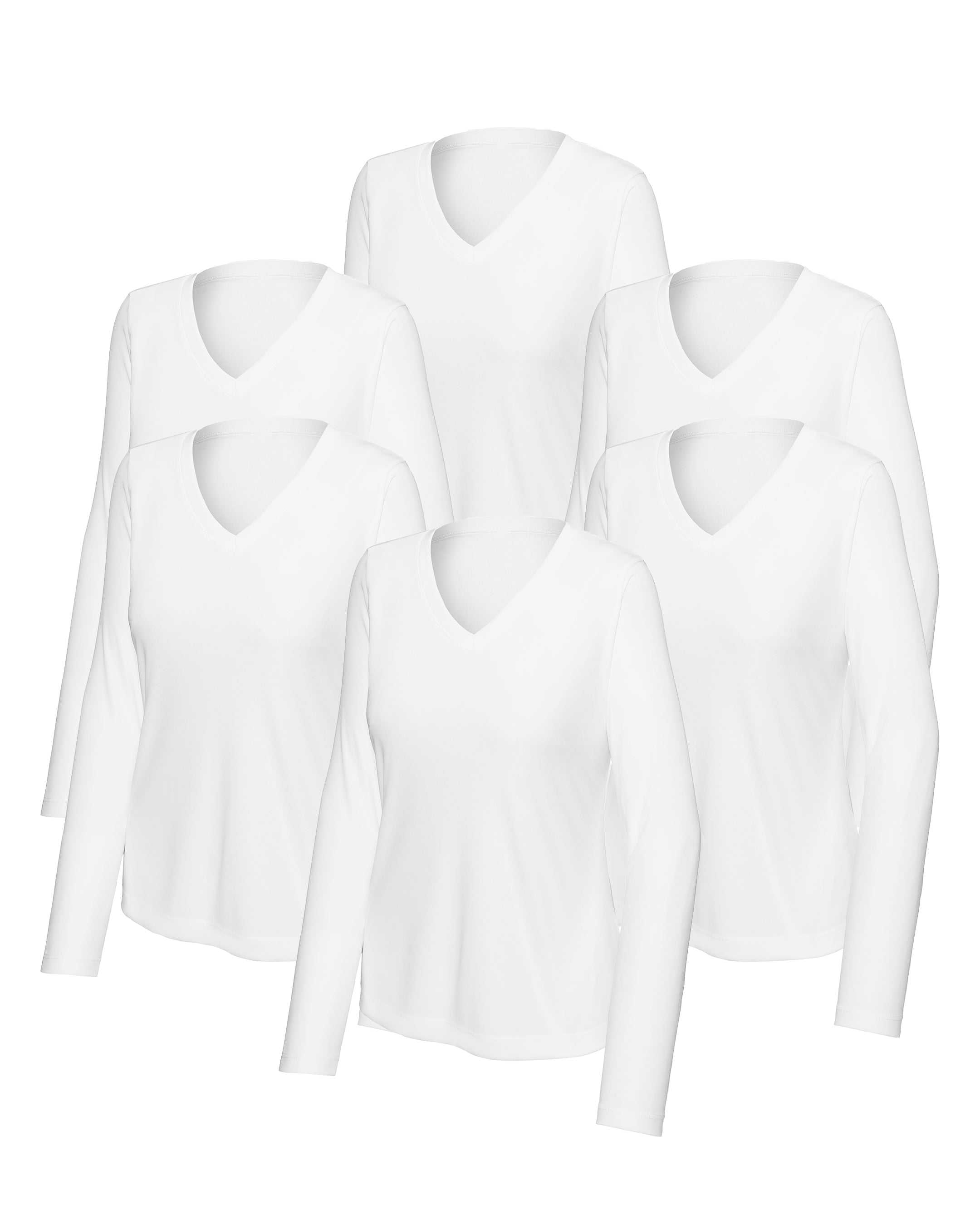 six white long-sleeve v-neck shirts on a white background