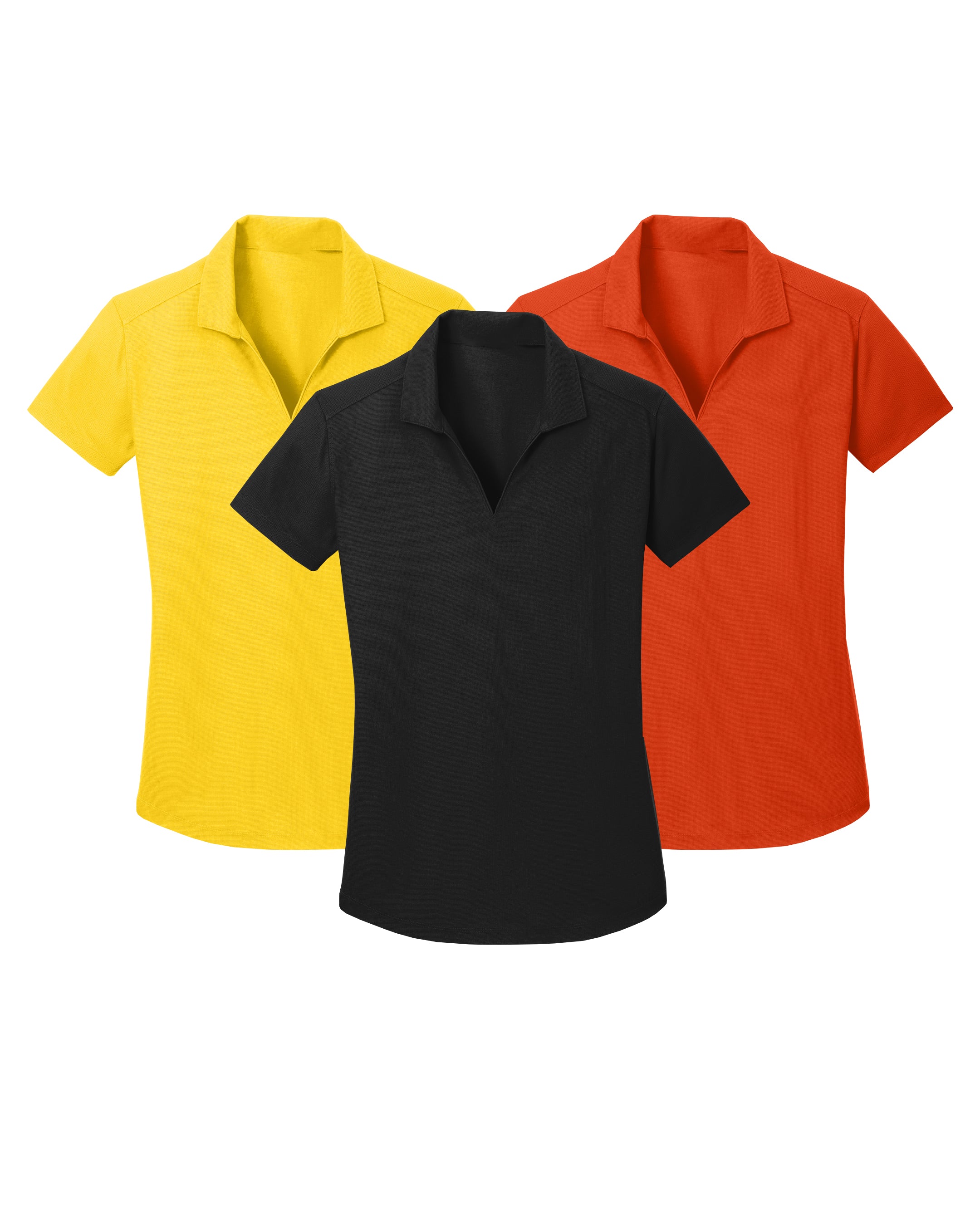 Three polo shirts in yellow, black, and orange on a white background