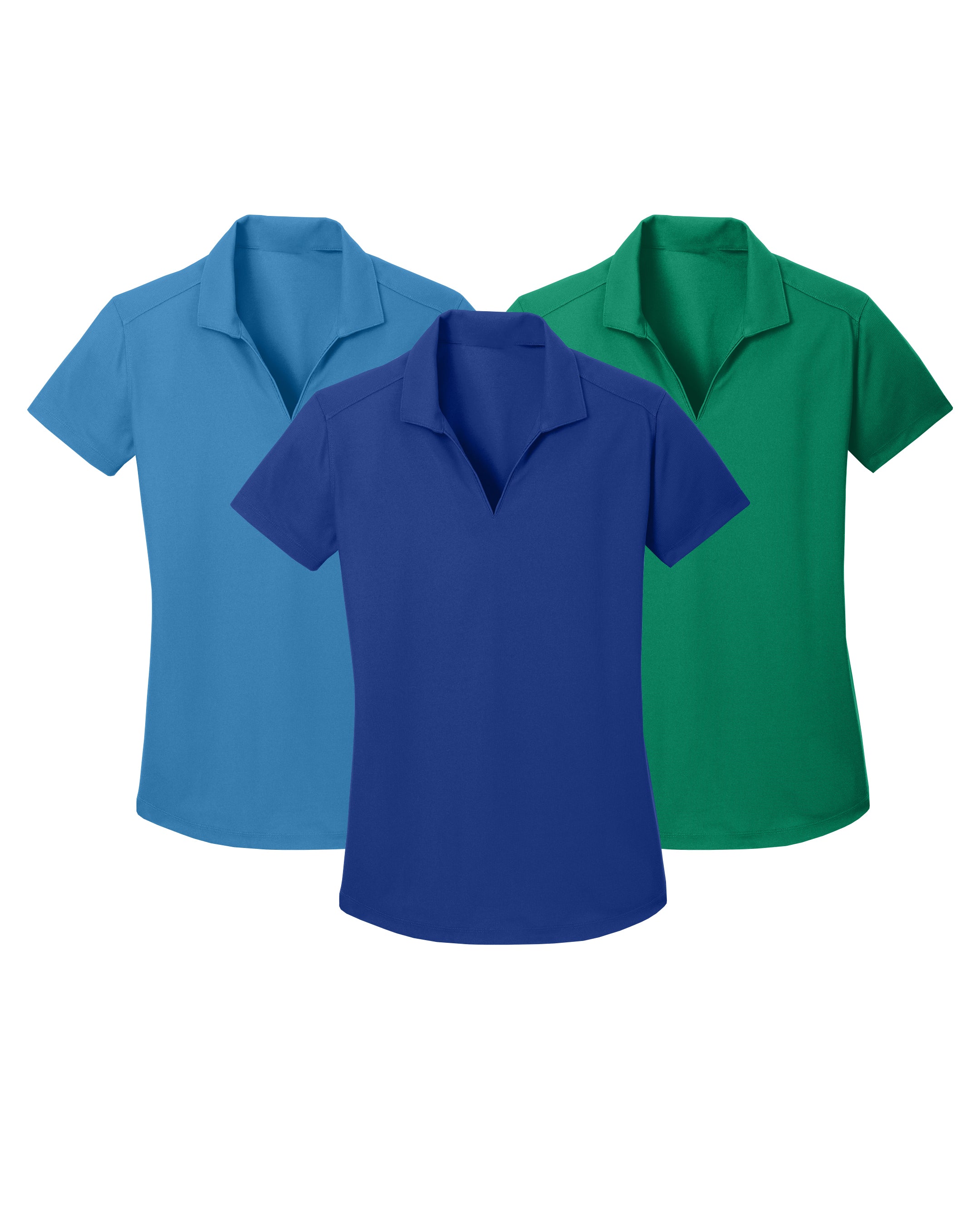 Three polo shirts in blue, green, and true royal on a white background