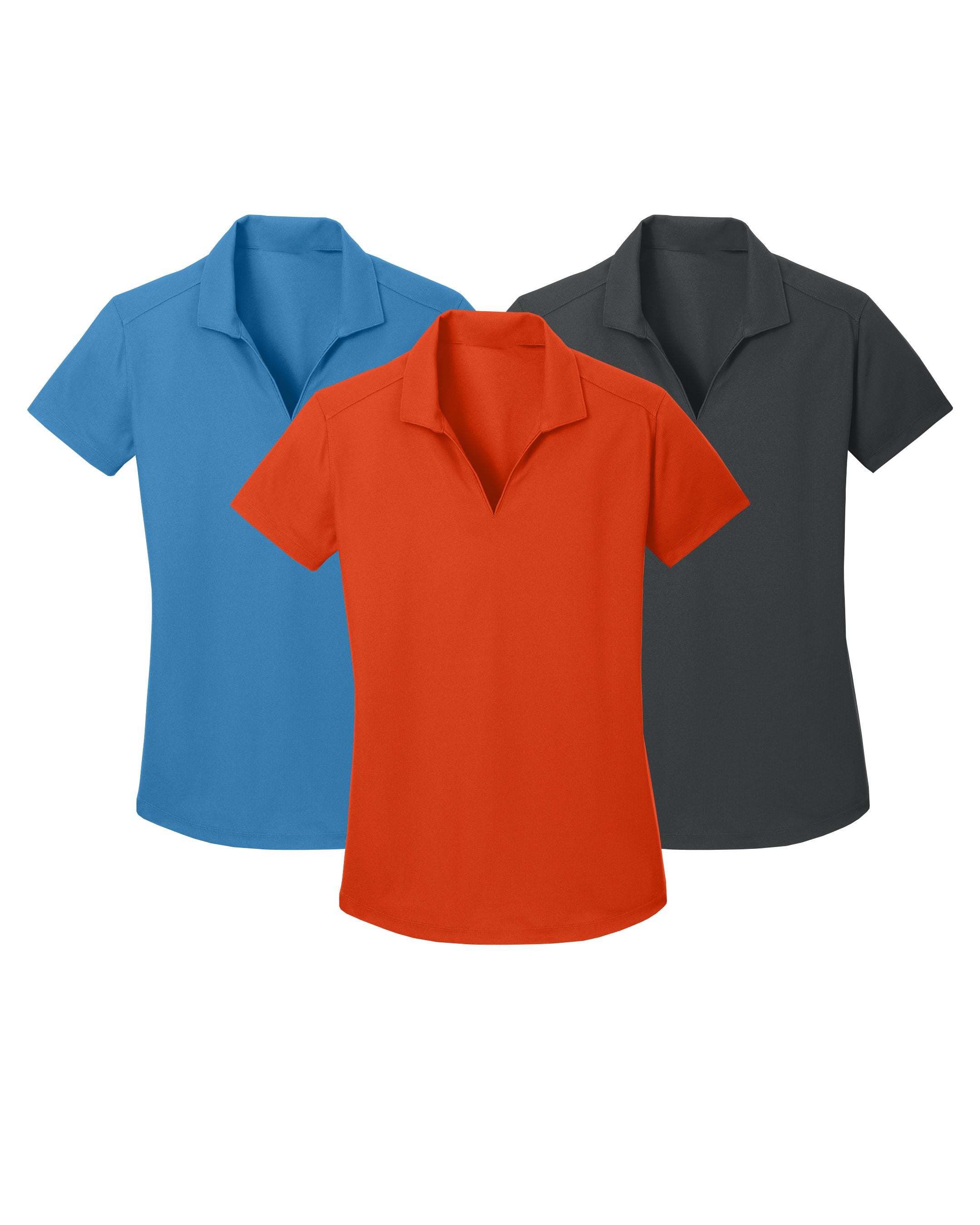 Three polo shirts in blue, orange, and grey on a white background