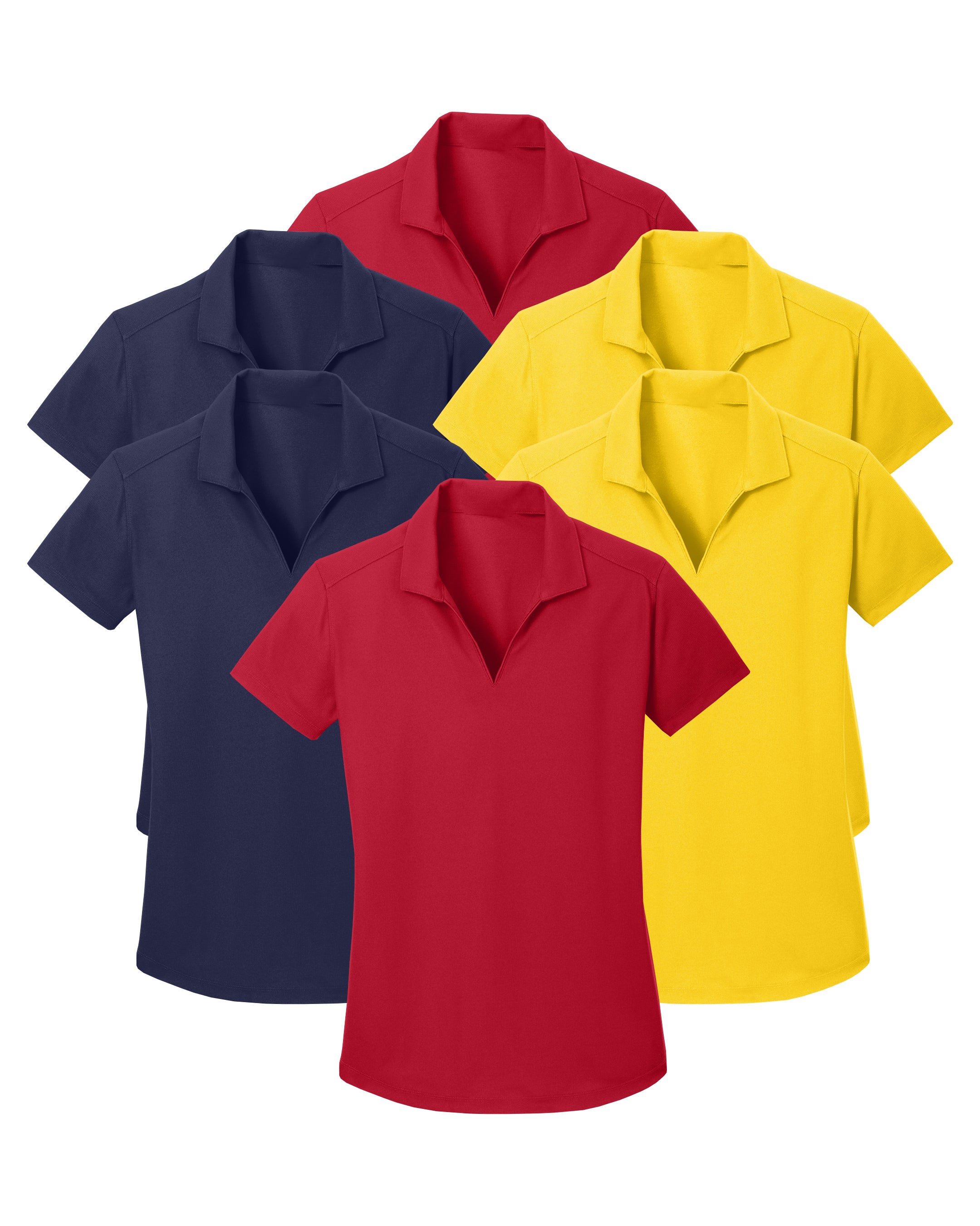 six polo shirts in red, navy, and yellow on a white background