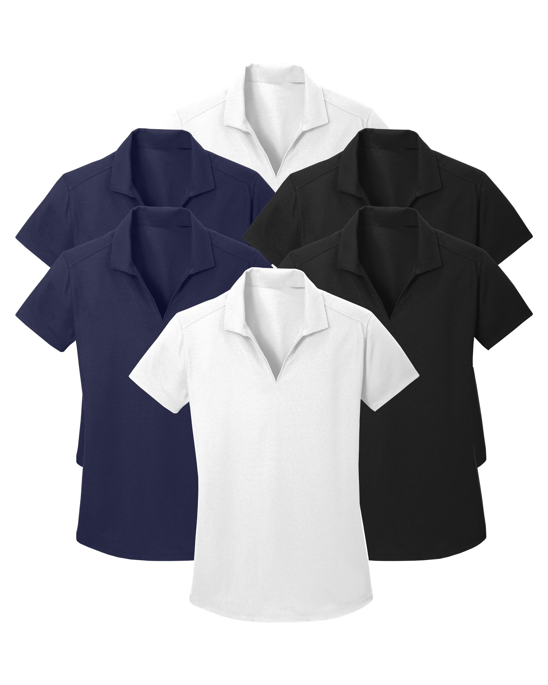 Set of six polo shirts in white, navy, and black on a white background
