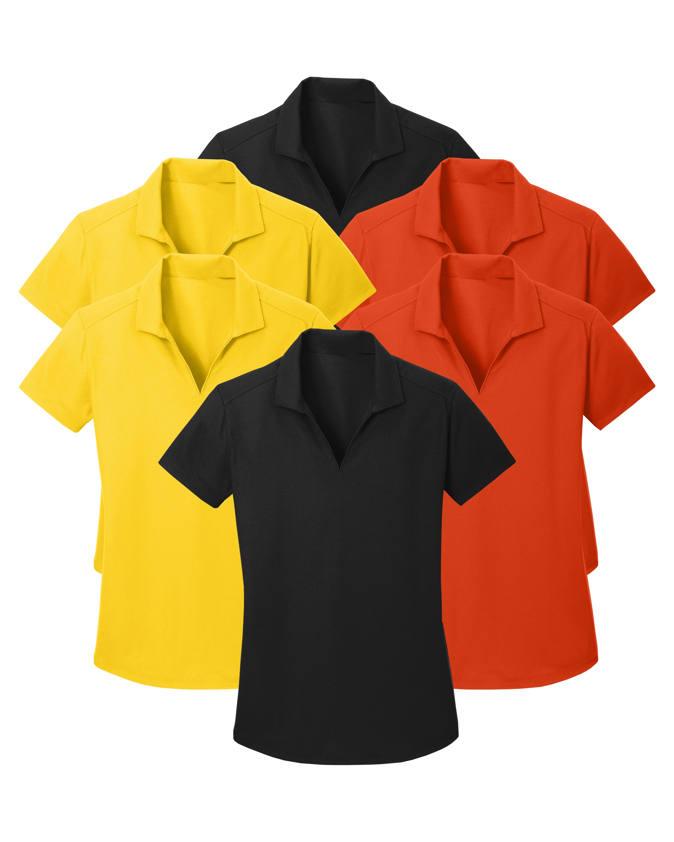six polo shirts in black, yellow, and orange on a white background