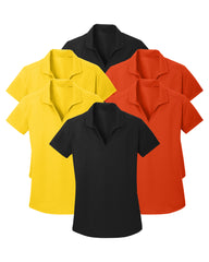 six polo shirts in black, yellow, and orange on a white background