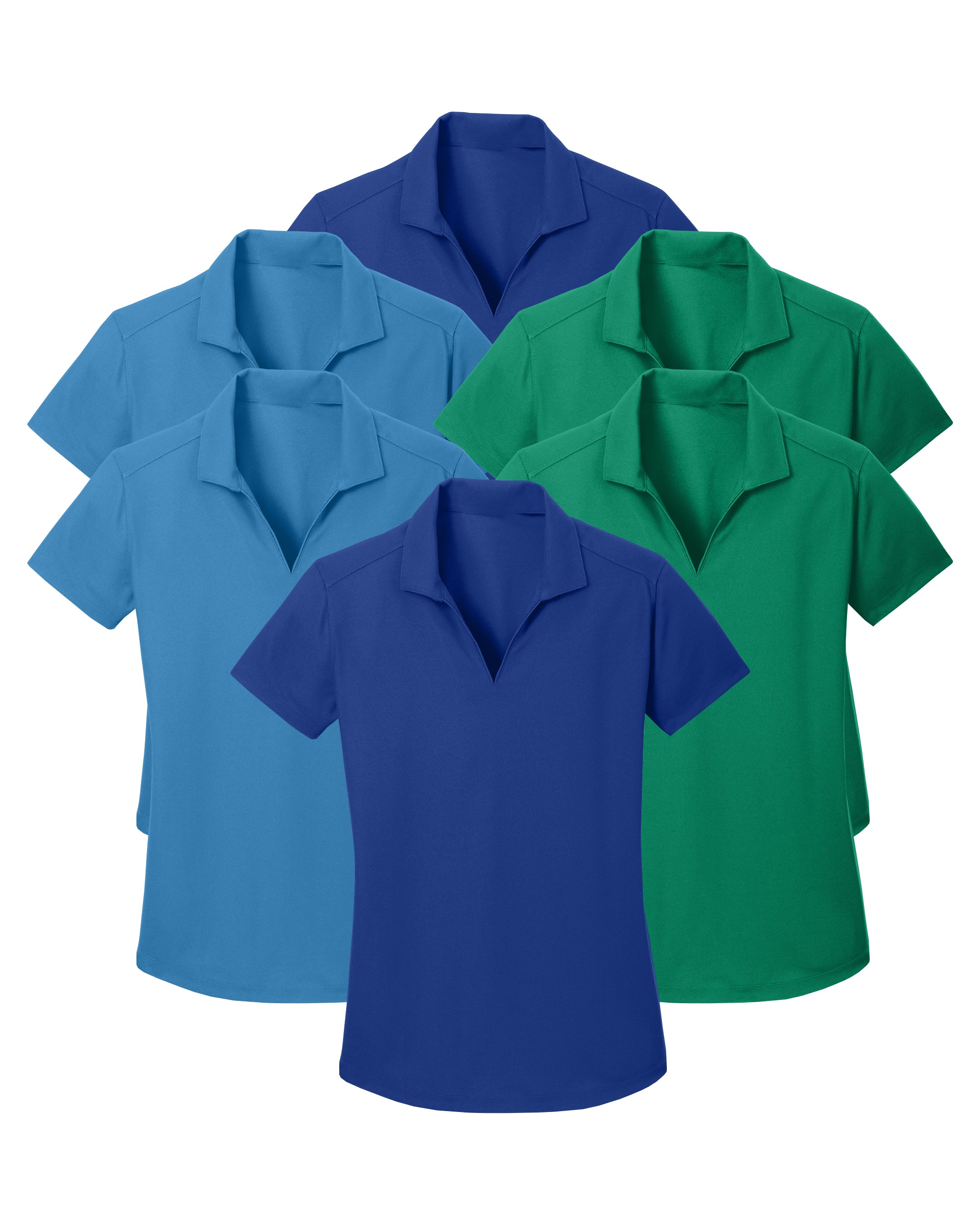 six polo shirts in blue, green, and true royal on a white background