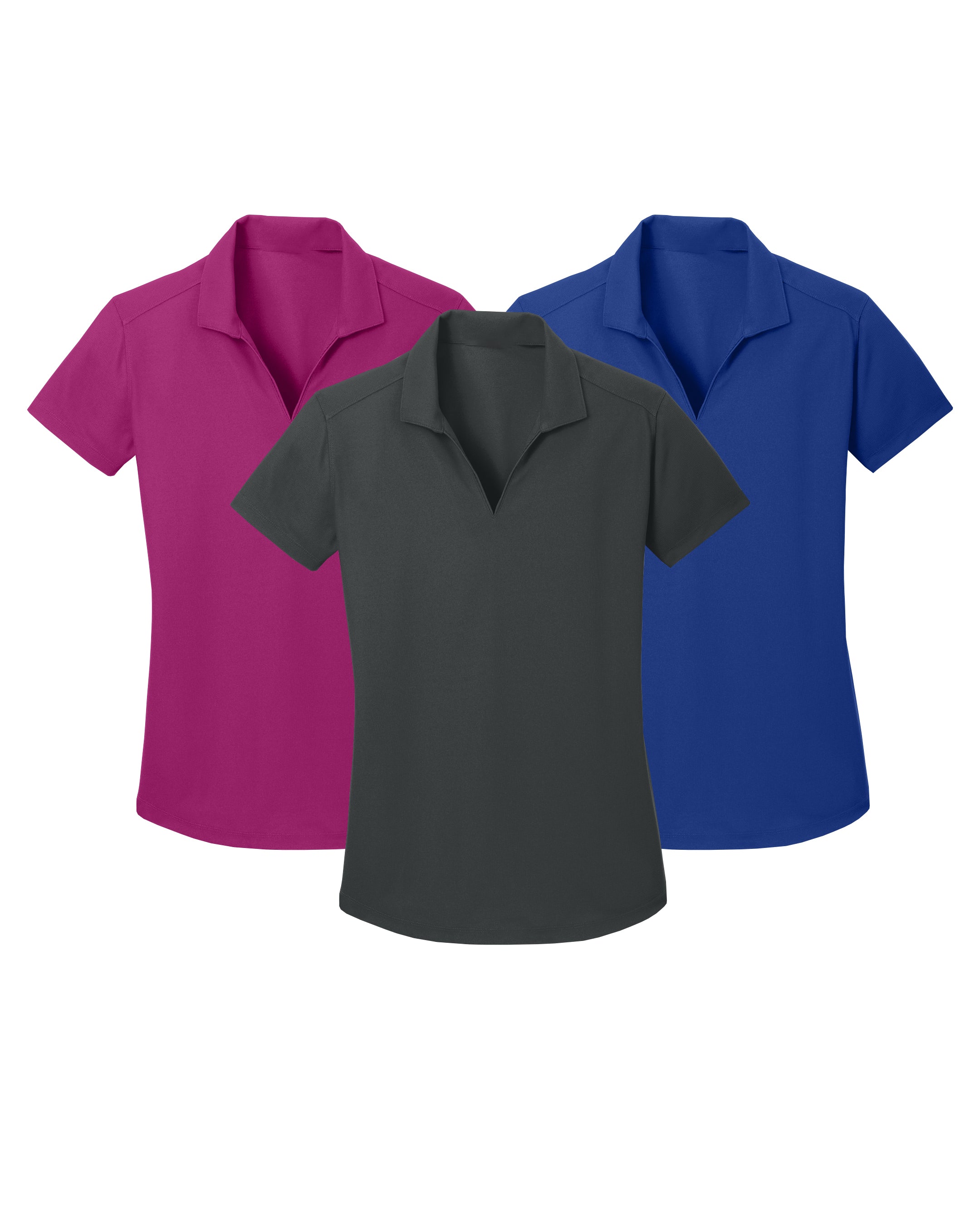Three polo shirts in pink, gray, and blue on a white background