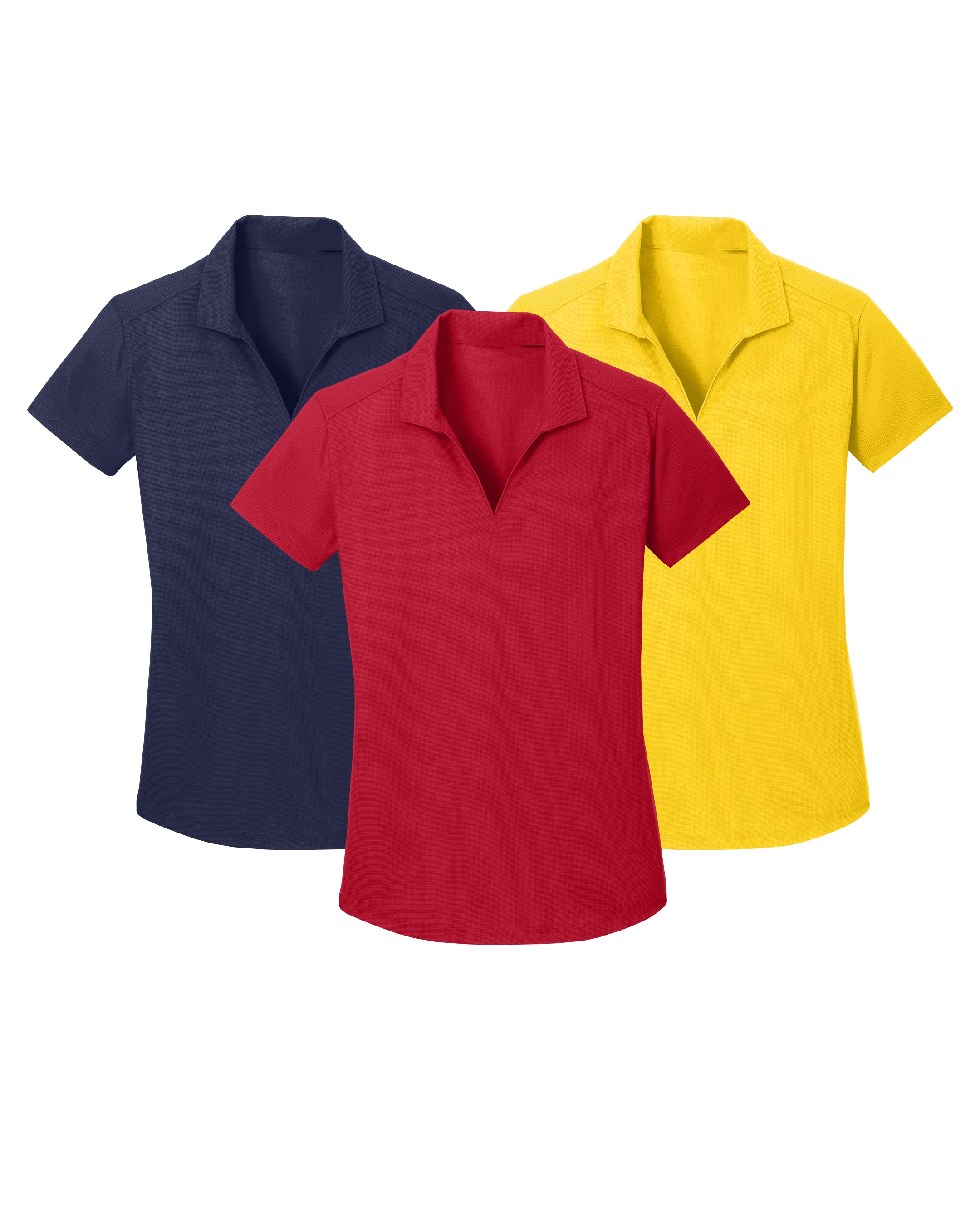 Three polo shirts in navy, red, and yellow on a white background