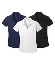 Three polo shirts in navy, white, and black on a white background