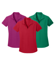 Three polo shirts in purple, red, and green on a white background