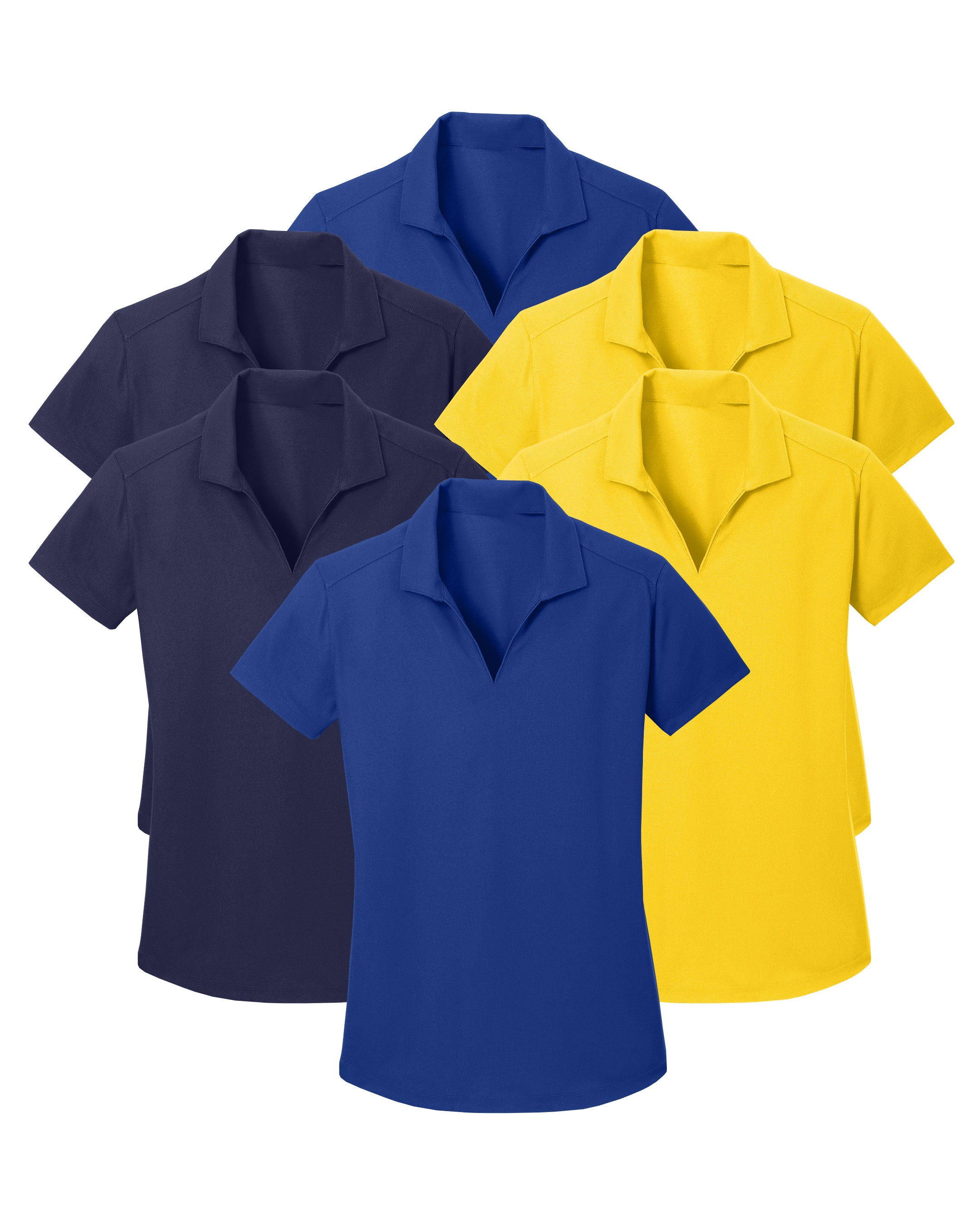six polo shirts in navy, blue, and yellow on a white background