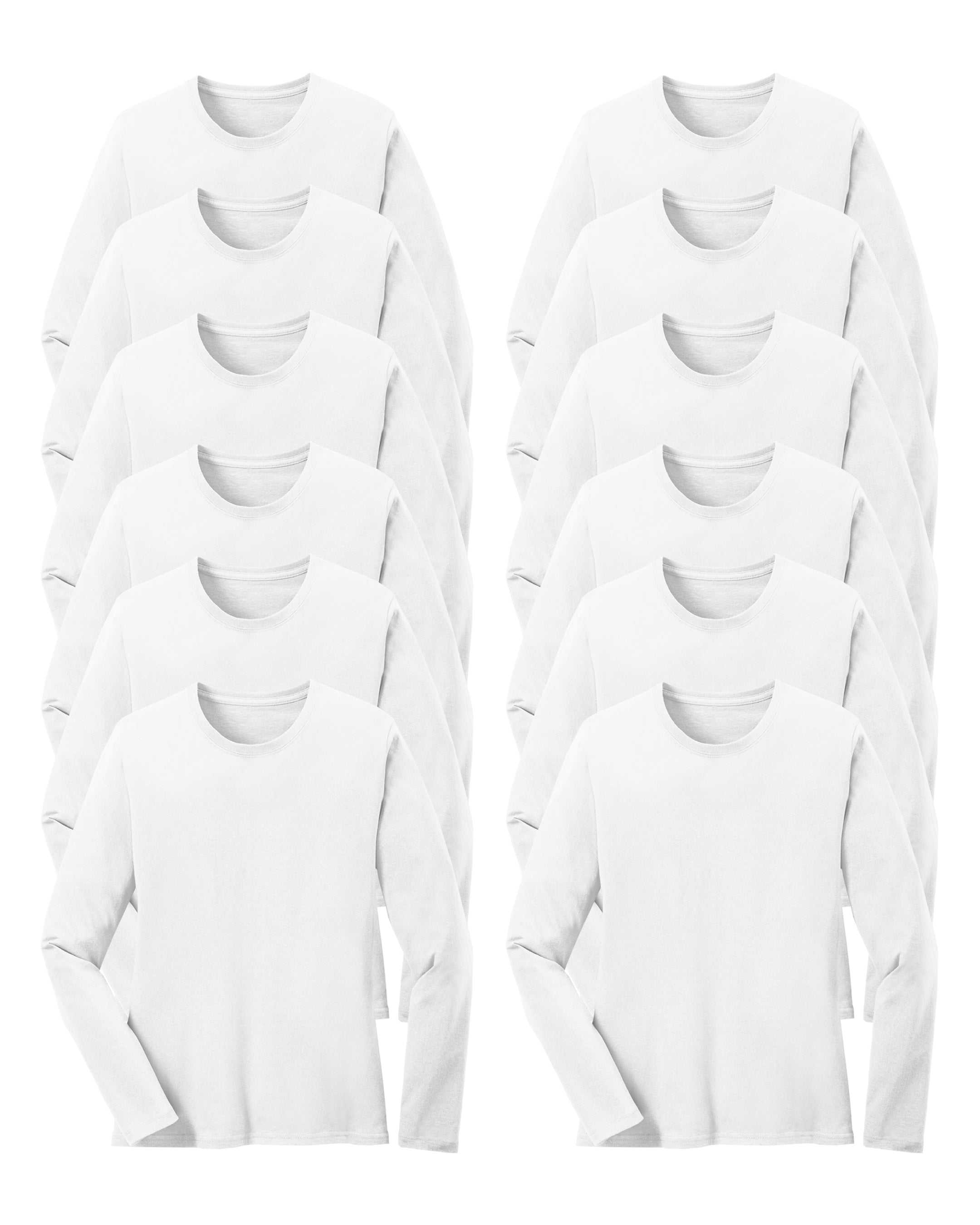 12 white long-sleeve cotton shirts on a white background