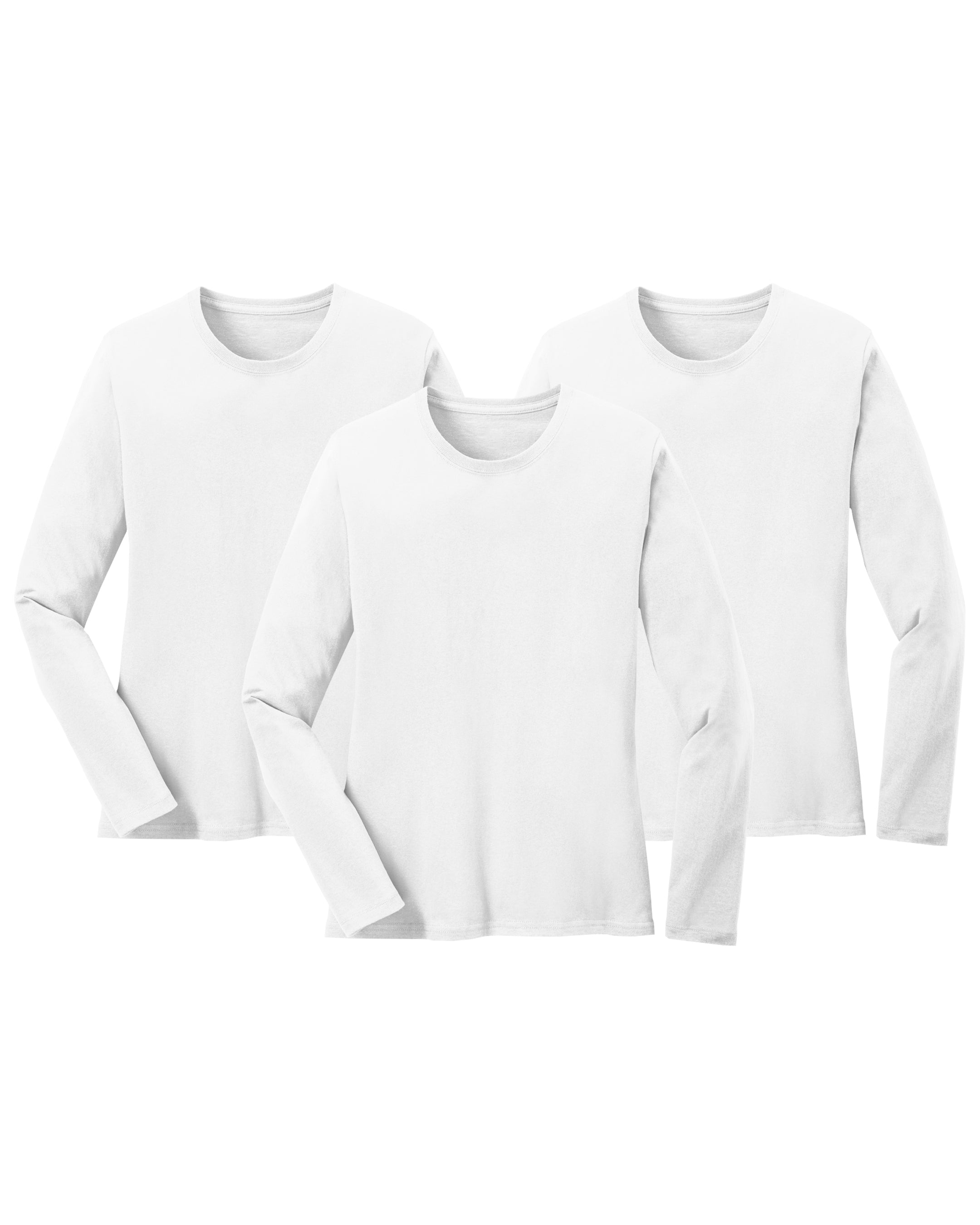Three white long-sleeve cotton shirts on a white background