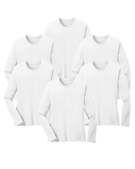 six white long-sleeve cotton shirts on a white background