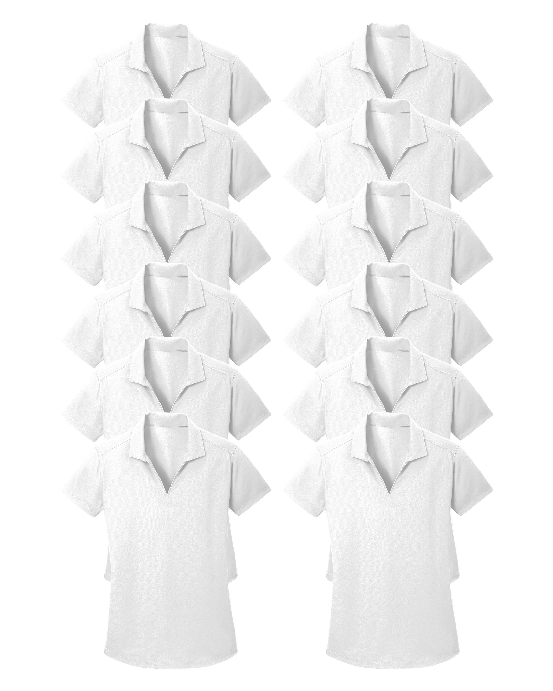 12 pack white polo shirts on a white background